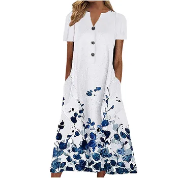 נשים קו השמלה Midi שמלה לבן שחור כחול בהיר שרוול קצר פרחוני פרפר כיס כפתור הדפסה הקיץ צוואר V מזדמן